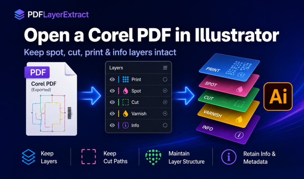Corel PDF in Illustrator with spot, cut, print, varnish and info layers